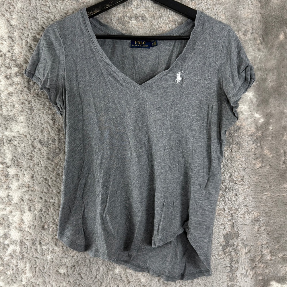 Polo Ralph Lauren Size S V-Neck Pony Logo Cotton T-Shirt Gray Short Sleeve Women